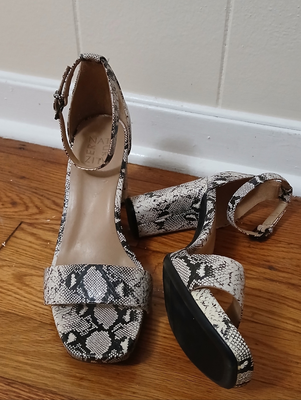 Naturalizer Block Heel Ankle-Strap Sandals in Black and White Snake Print